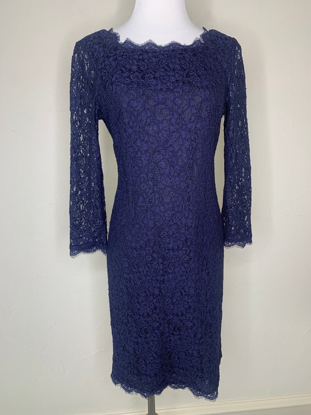 Adrianna Papell Navy Blue Lace Dress Sheath Sz 6